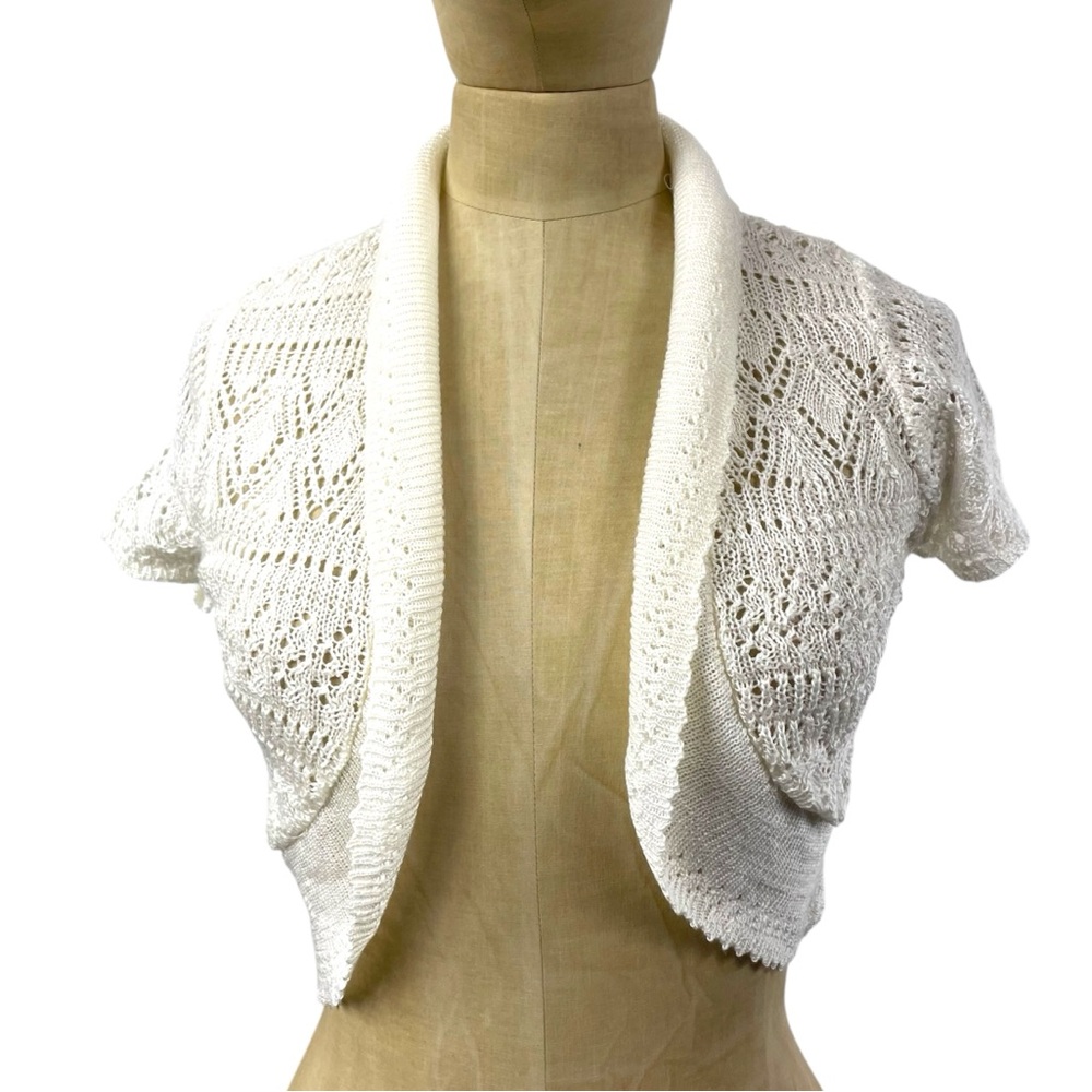 NWT Pointelle Bolero Jacket Knit Wet Seal Y2K SM Ivory Hippie Cottage Boho Soft